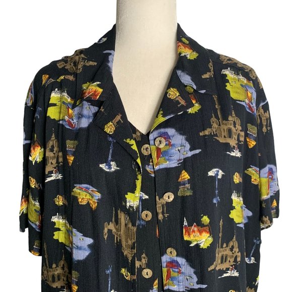 Vintage 90s Carole Little Dress Shirt Set L Black Button Up Short Sleeve Rayon - Picture 2 of 12